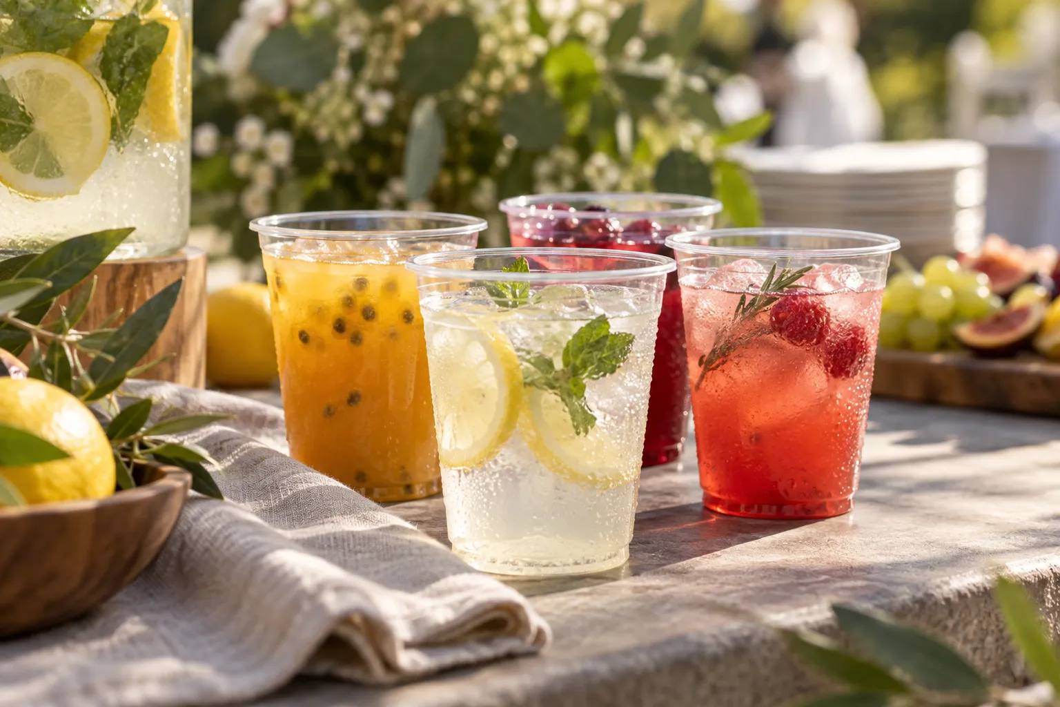 Clear cups with fruit drinks arranged for an outdoor catering service